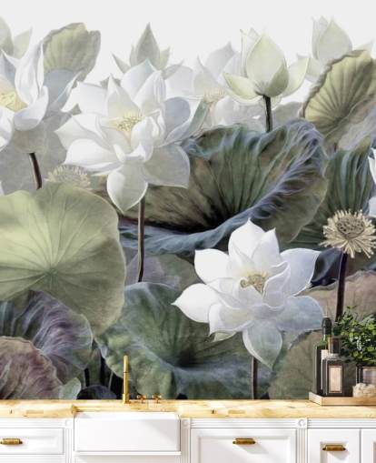 papel de parede floral de lótus e folhas