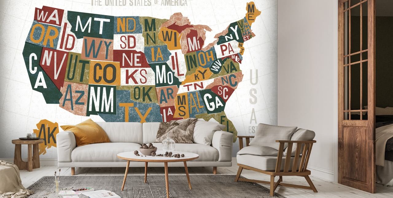Letterpress USA Map Wall Mural Wallsauce US