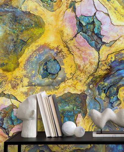 geel, roze en paars roestbehang