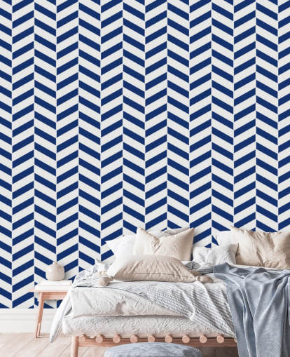 carta da parati murale personalizzabile indaco a spina di pesce chiamata Blue and White Herringbone per bagni e cucine