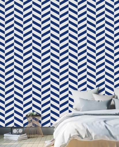 indigo customizable herringbone wallpaper mural called Blue and White Herringbone for bathrooms and kitchens