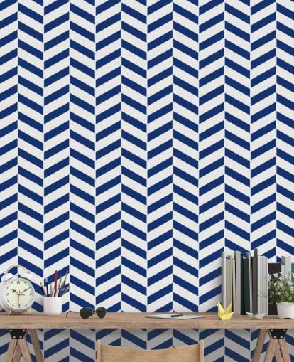 indigo customisable herringbone wallpaper mural called Blue and White Herringbone for bathrooms and kitchens