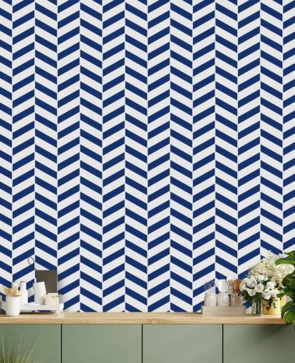 indigo customisable herringbone wallpaper mural called Blue and White Herringbone for bathrooms and kitchens