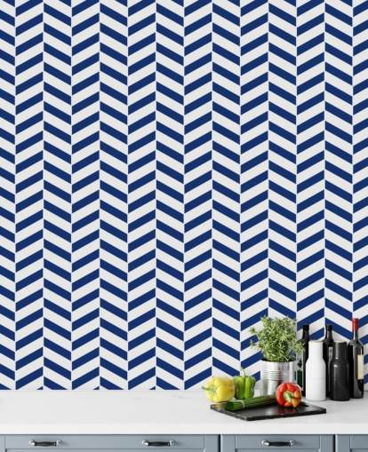 indigo customisable herringbone wallpaper mural called Blue and White Herringbone for bathrooms and kitchens