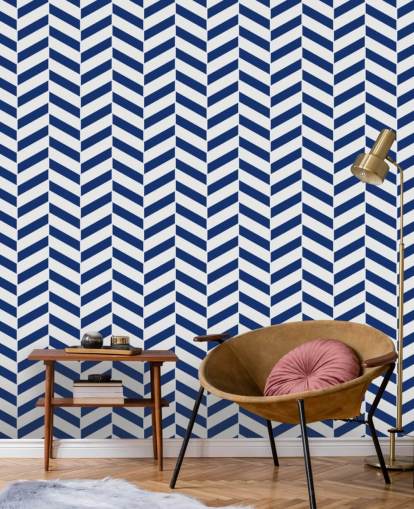 carta da parati murale personalizzabile indaco a spina di pesce chiamata Blue and White Herringbone per bagni e cucine