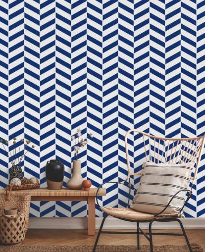 indigo anpassningsbar fiskbenstapetväggmålning kallad Blue and White Herringbone för badrum och kök