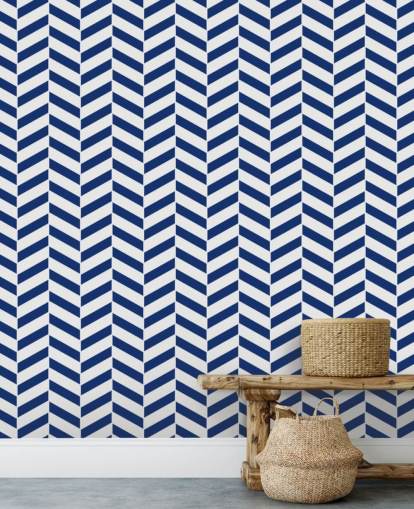 indigo customisable herringbone wallpaper mural called Blue and White Herringbone for bathrooms and kitchens