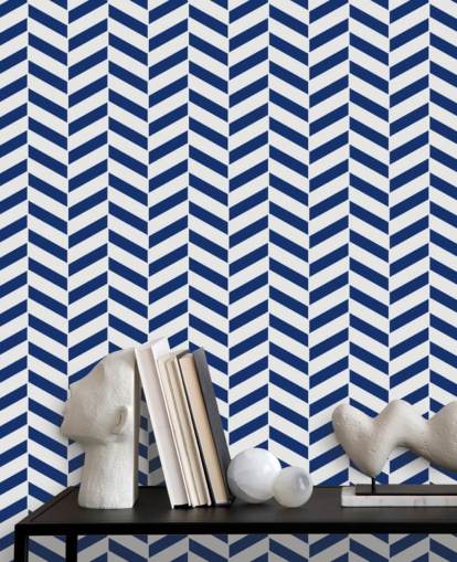 indigo customisable herringbone wallpaper mural called Blue and White Herringbone for bathrooms and kitchens