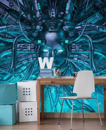 blauwe cyber vrouw hoofd behang