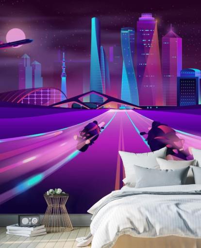 purple bike race track in abstract city wallpaper