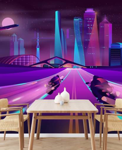 lila Radrennstrecke in abstrakter Stadttapete