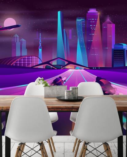 purple bike race track in abstract city wallpaper