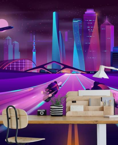 purple bike race track in abstract city wallpaper