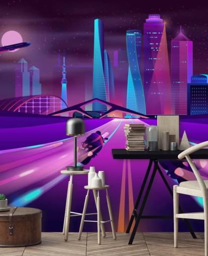 purple bike race track in abstract city wallpaper