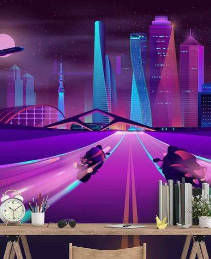 purple bike race track in abstract city wallpaper