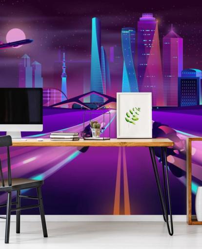 purple bike race track in abstract city wallpaper