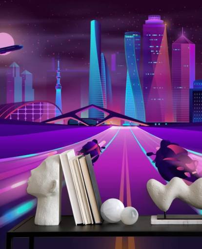 purple bike race track in abstract city wallpaper