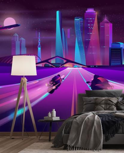 purple bike race track in abstract city wallpaper