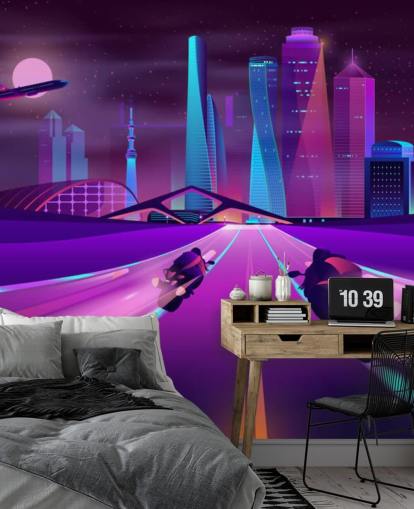 purple bike race track in abstract city wallpaper