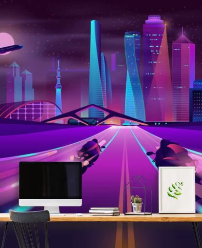 purple bike race track in abstract city wallpaper