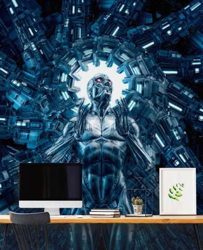 donkerblauw robot art behang