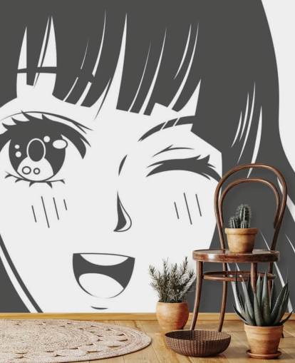 murale anime personalizzabile in bianco e nero chiamato Black and White Manga Girl per camere da letto