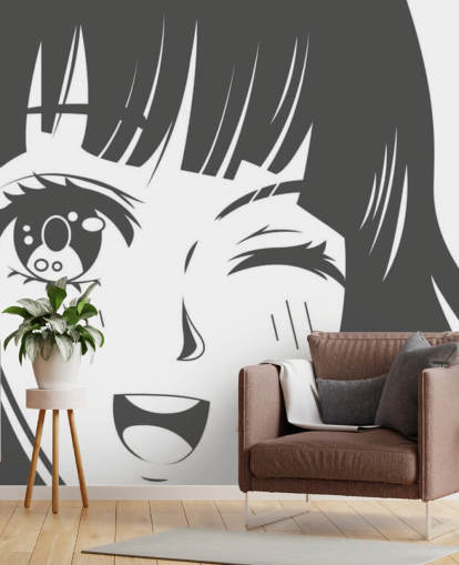 mural de pared de anime personalizable en blanco y negro llamado Black and White Manga Girl para dormitorios