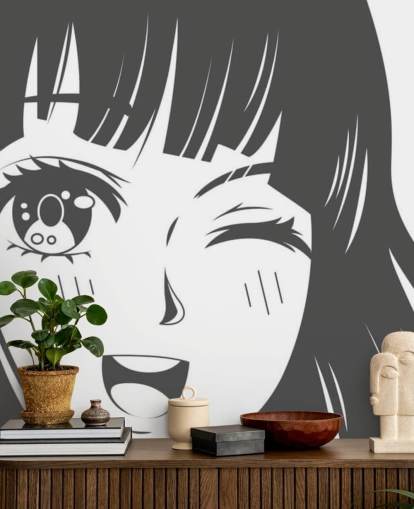 fresque murale d'anime personnalisable en noir et blanc appelée Black and White Manga Girl pour les chambres