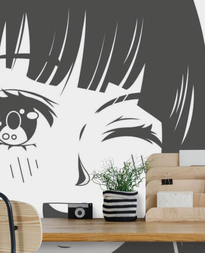 mural de pared de anime personalizable en blanco y negro llamado Black and White Manga Girl para dormitorios