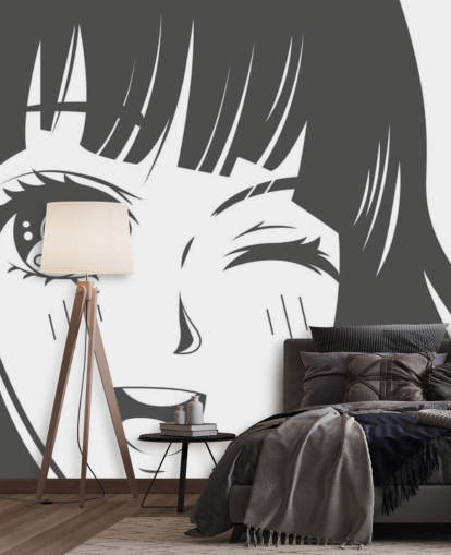 zwart-wit aanpasbare anime muurschildering genaamd Black and White Manga Girl voor slaapkamers