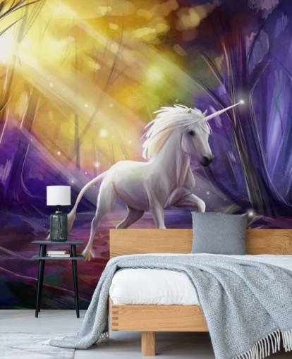 Mural de pared de unicornio en un bosque de noche