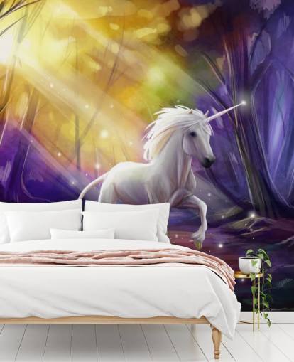 Mural de pared de unicornio en un bosque de noche Mural de pared de unicornio en un bosque de noche