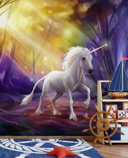 Mural de pared de unicornio en un bosque de noche