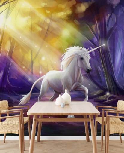Mural de pared de unicornio en un bosque de noche