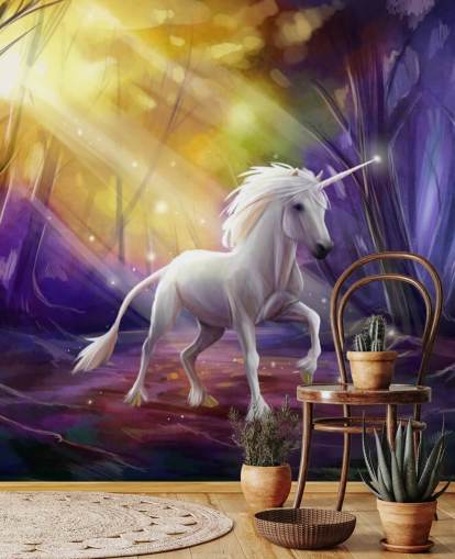 Mural de pared de unicornio en un bosque de noche