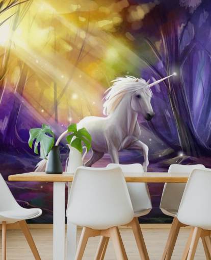 Decorazione murale con unicorno in un bosco di notte Decorazione murale con unicorno in un bosco di notte