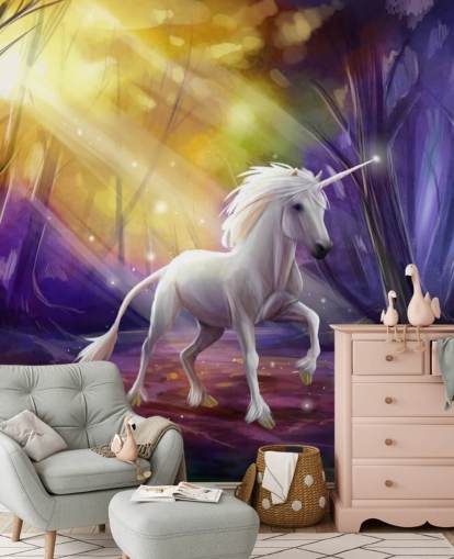 Mural de pared de unicornio en un bosque de noche