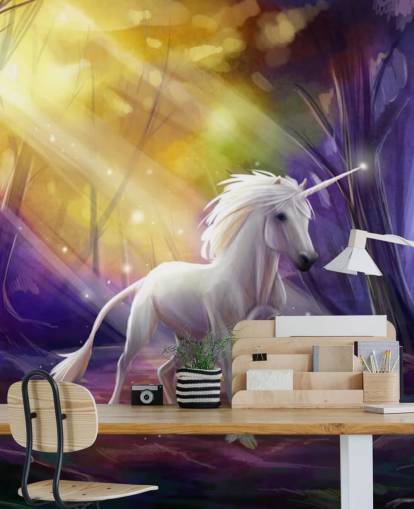 Mural de pared de unicornio en un bosque de noche