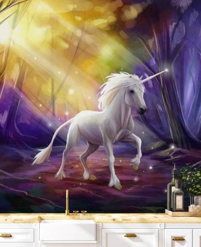 Mural de pared de unicornio en un bosque de noche