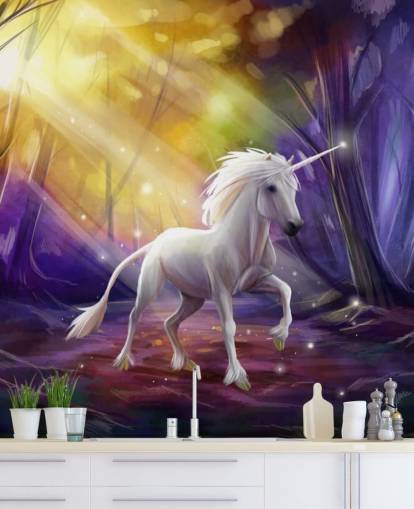 Mural de pared de unicornio en un bosque de noche Mural de pared de unicornio en un bosque de noche