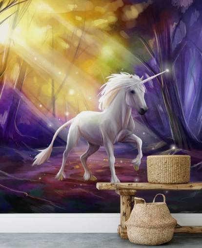Mural de pared de unicornio en un bosque de noche Mural de pared de unicornio en un bosque de noche