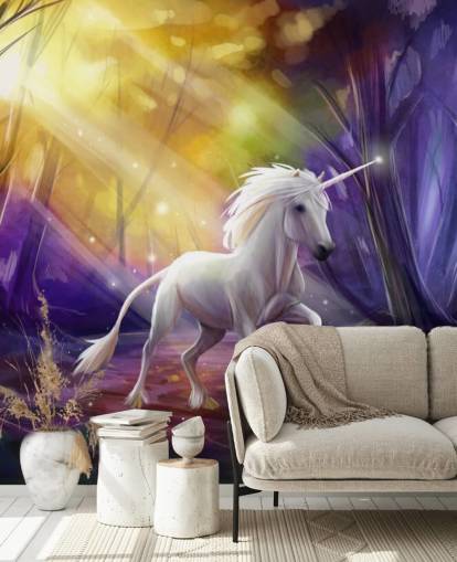 Mural de pared de unicornio en un bosque de noche