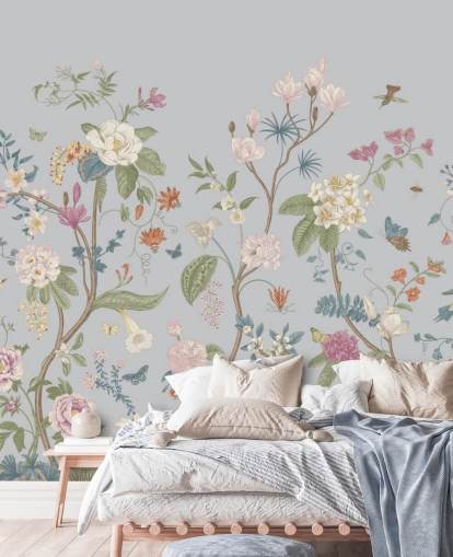 carta da parati con fiori e alberi orientali