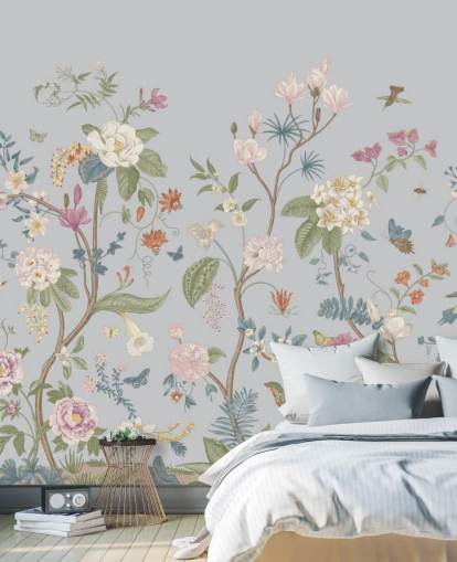 oriental florals and trees wallpaper