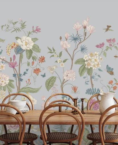 carta da parati con fiori e alberi orientali