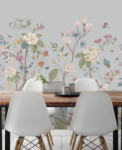 papier peint fleurs et arbres orientaux