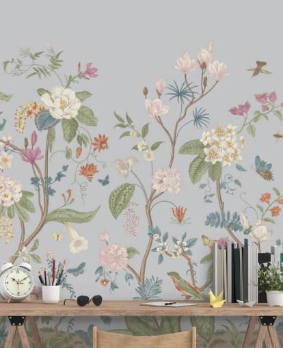 papier peint fleurs et arbres orientaux