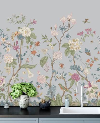 papier peint fleurs et arbres orientaux
