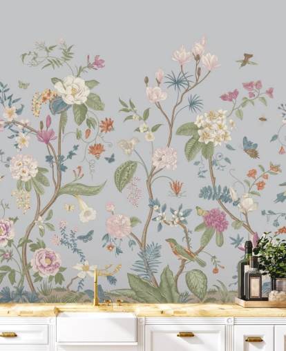 papel pintado de flores y árboles orientales