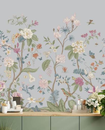 carta da parati con fiori e alberi orientali
